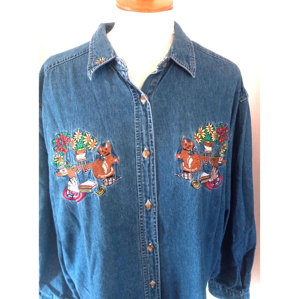 Cat Lady  Embroidered Denim Shirt With Cats & Flowers Size XL